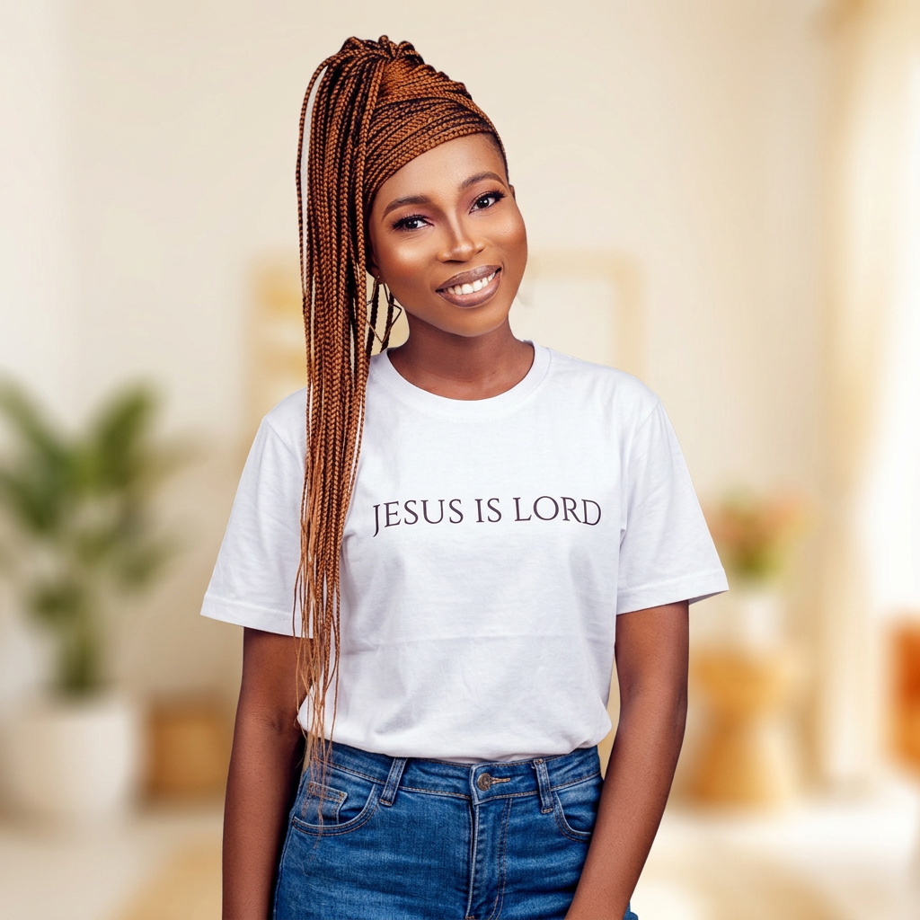 Dharmie in jeans and a Jesus is Lord tee