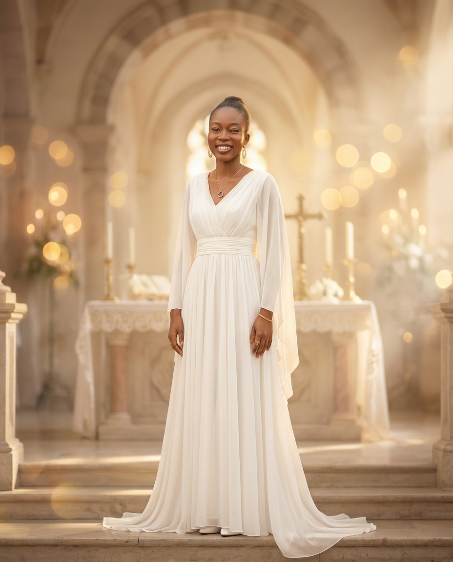 Dharmie in a flowing white gown at the altar