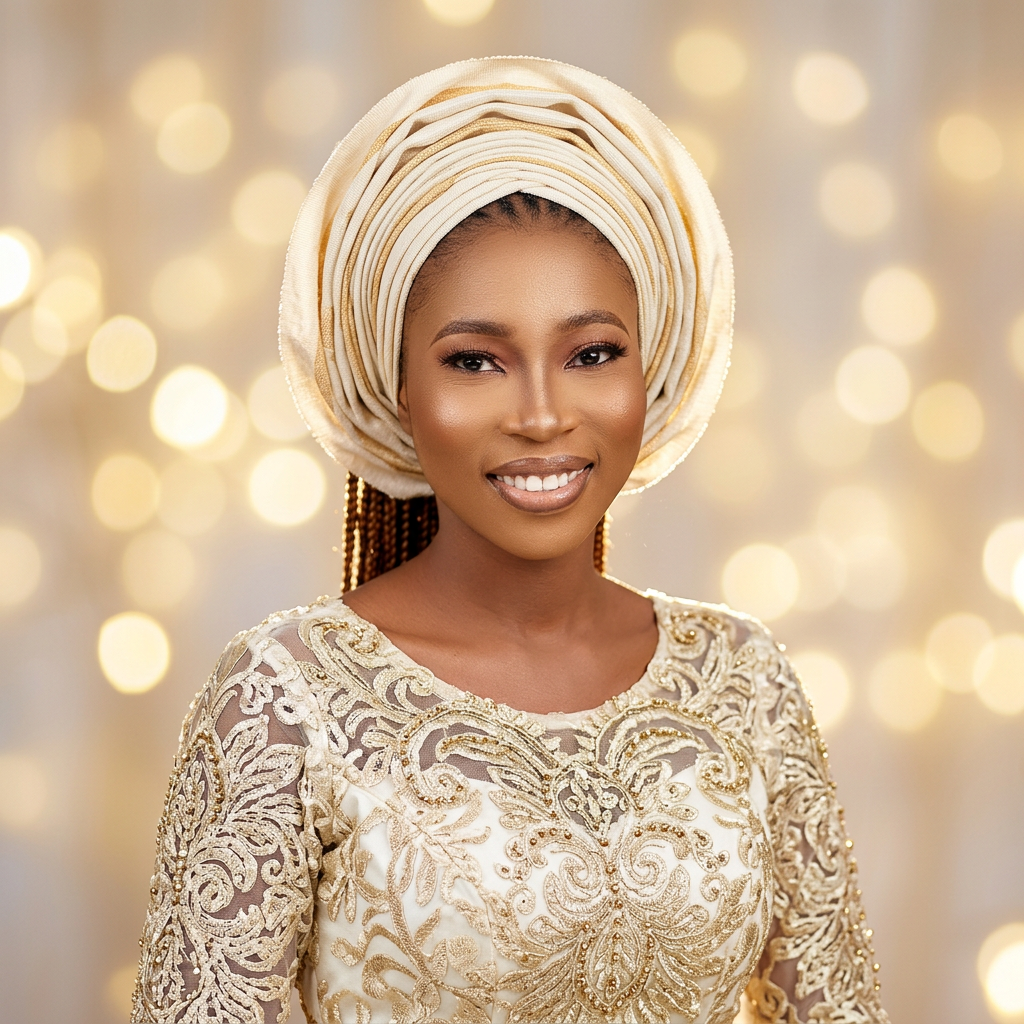 Dharmie in ivory and gold native lace with a matching gele
